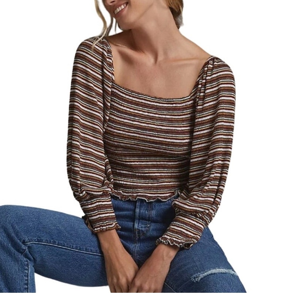 Anthropologie brown striped smocked puff sleeved top